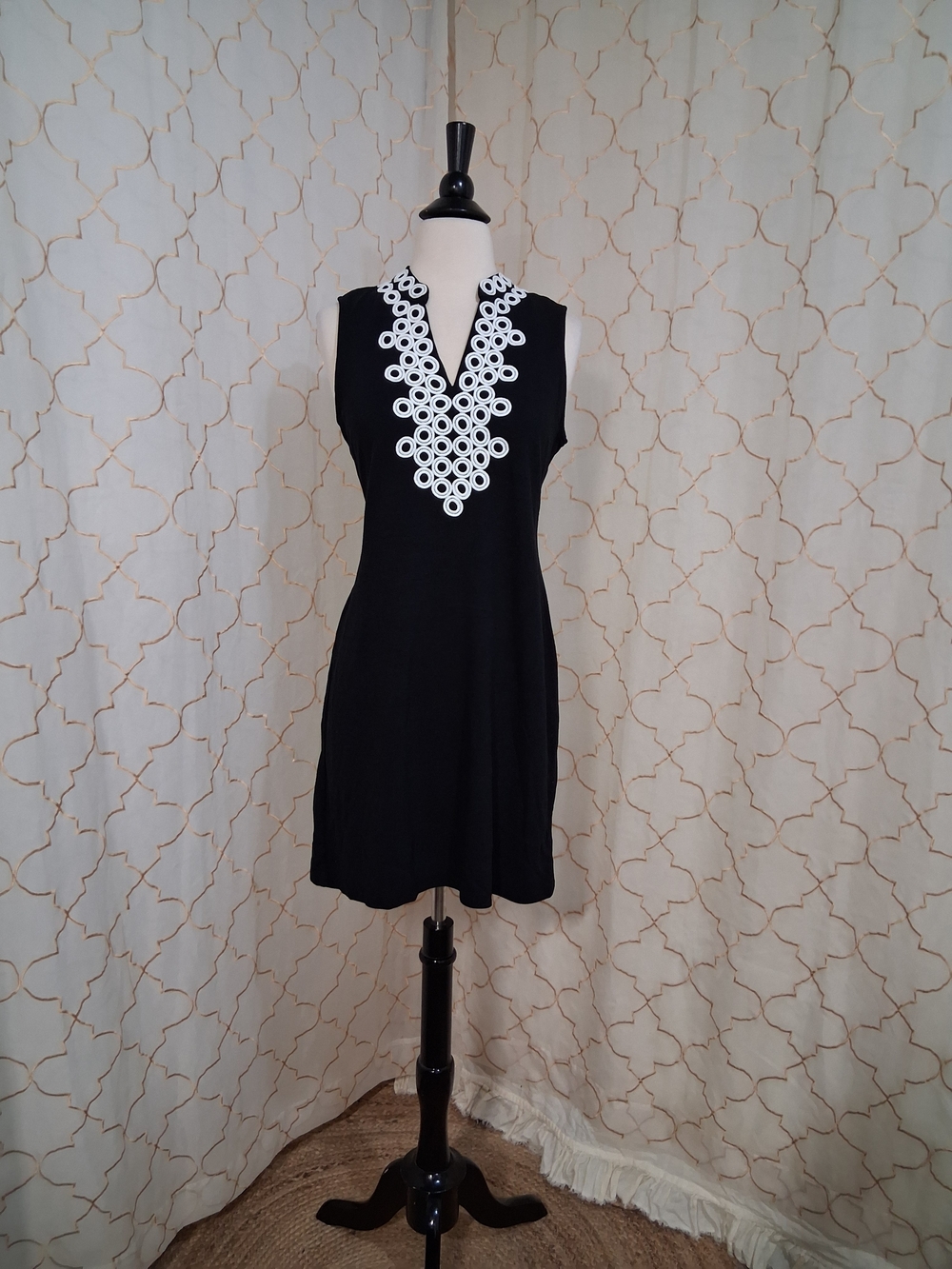 Charter Club Black Mini Dress with White Embroidered V-Neck Detail